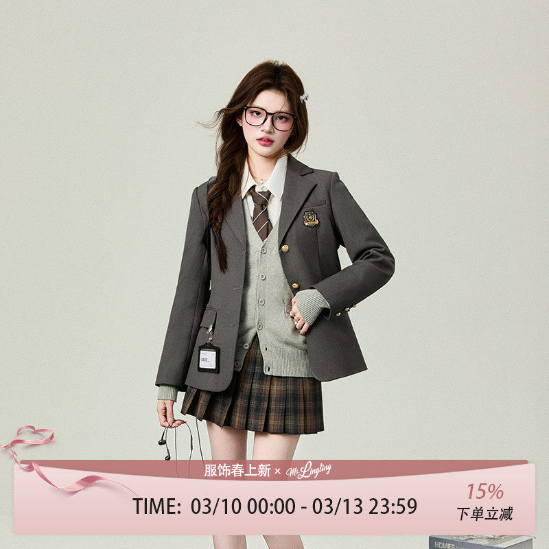 花铃太太原创西服jk制服套装学院风西装深灰校供女春收腰高级外套