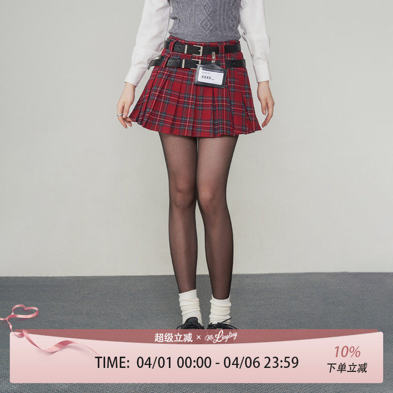 花铃太太jk裙女半身裙百褶裙学院风红格子短裙女春夏款制服小个子