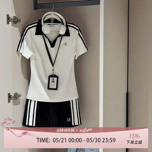 花铃太太逐夏体操服原创学院风翻领撞色短袖运动服上衣短裤套装女