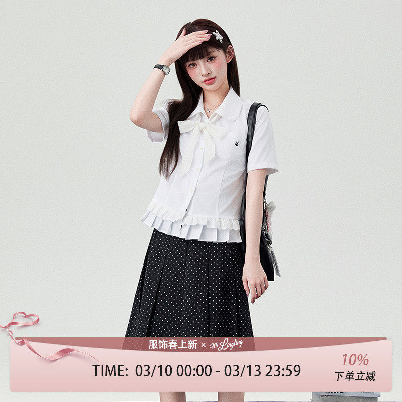 花铃太太春季新品轮褶花边衬衣2026年jk制服白色蕾丝领结短袖衬衫