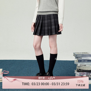 花铃太太jk短裙渊黑色小格子裙女学院风百褶高腰显瘦春季 半身裙子