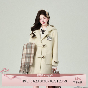 花铃太太秋冬新款 牛角扣夹棉大衣毛呢子韩系女jk校供感学院风 长款