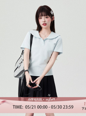 花铃太太原创jk制服水手领短袖T恤女春季蓝色学院日系POLO衫套装