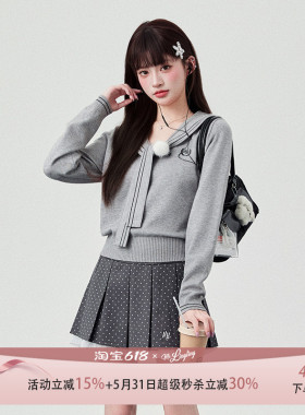 花铃太太jk制服春季海军领毛衣女学院风针织长袖套头宽松灰色套装