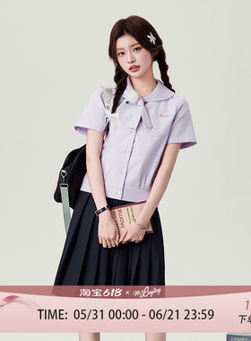 花铃太太2026新款领结泰式短袖衬衫学院风娃娃领紫色夏女校供套装