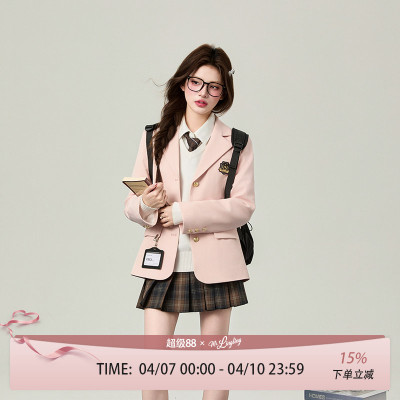 花铃太太原创粉色表参大jk制服套装学院风女西服校供感三粒扣西装