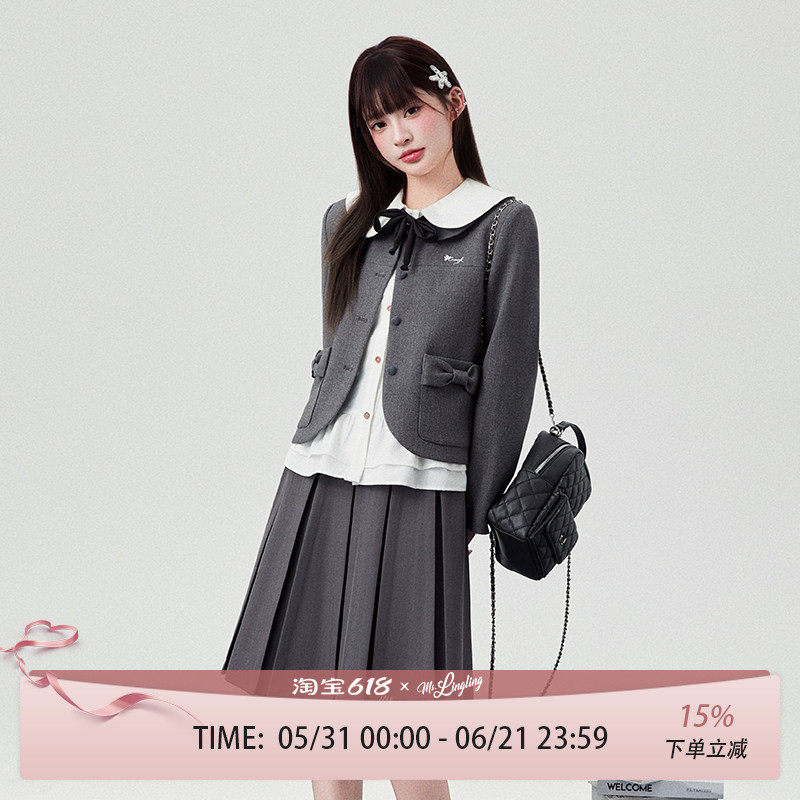 花铃太太2026年新款格雷系学院少女感蝴蝶结口袋西装jk制服灰色韩