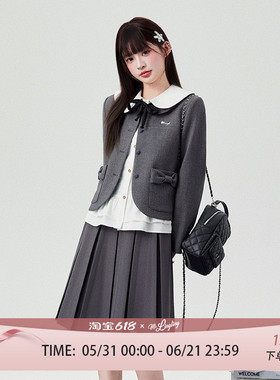花铃太太2026年新款格雷系学院少女感蝴蝶结口袋西装jk制服灰色韩