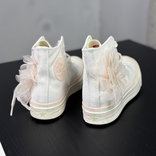 匡威 1970s 米白蕾丝珍珠花花设计婚鞋女子高帮帆布鞋A13851C N仓