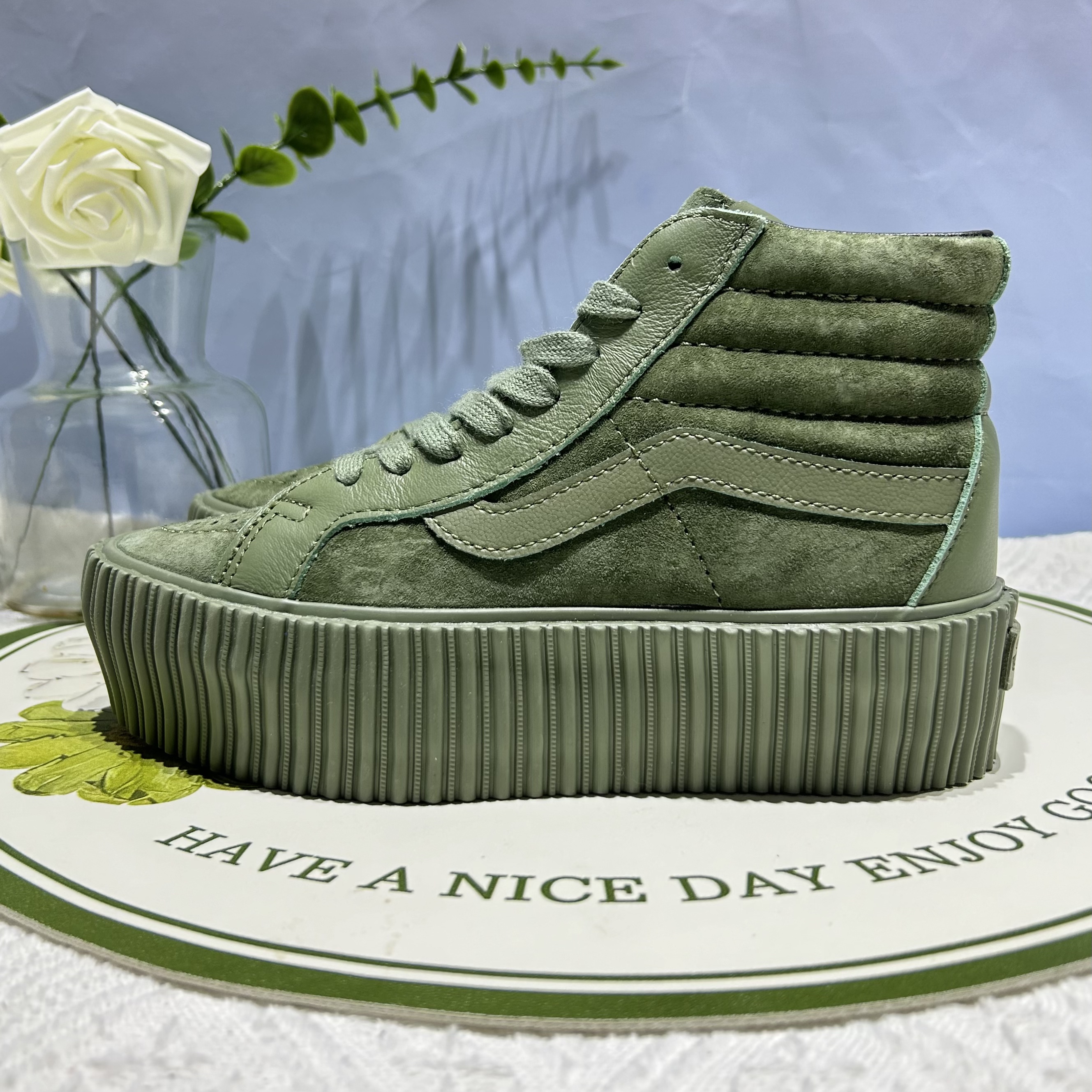 Vans Sk8 Platform厚底增高军绿色情侣款高帮板鞋子VN000CNFARM