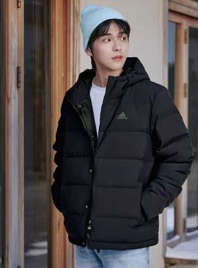 Adidas阿迪达斯防风保暖羽绒服短款黑色冬季连帽厚外套男款KE5404