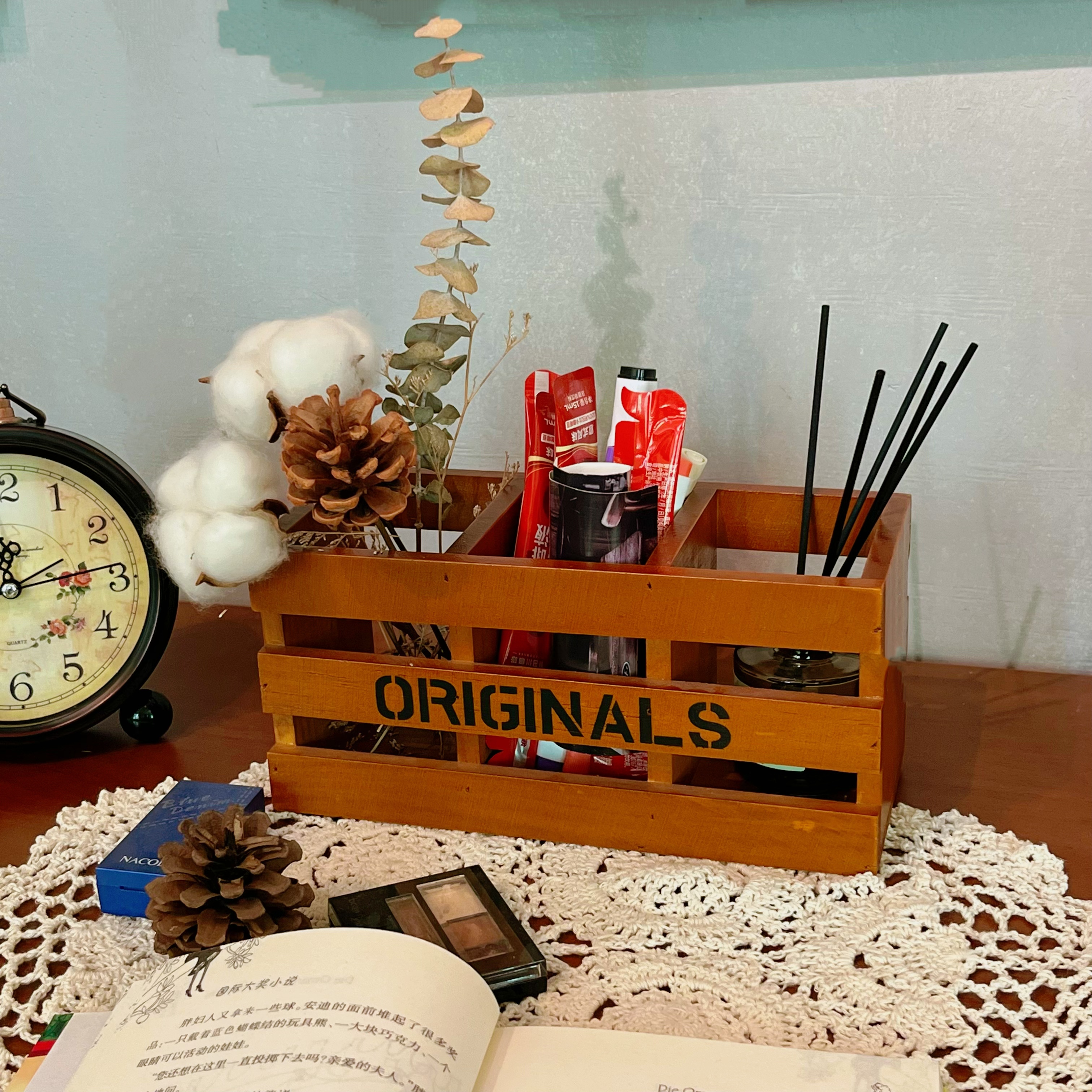 复古木质多格收纳盒 桌面整理化妆品文具杂物收纳盒