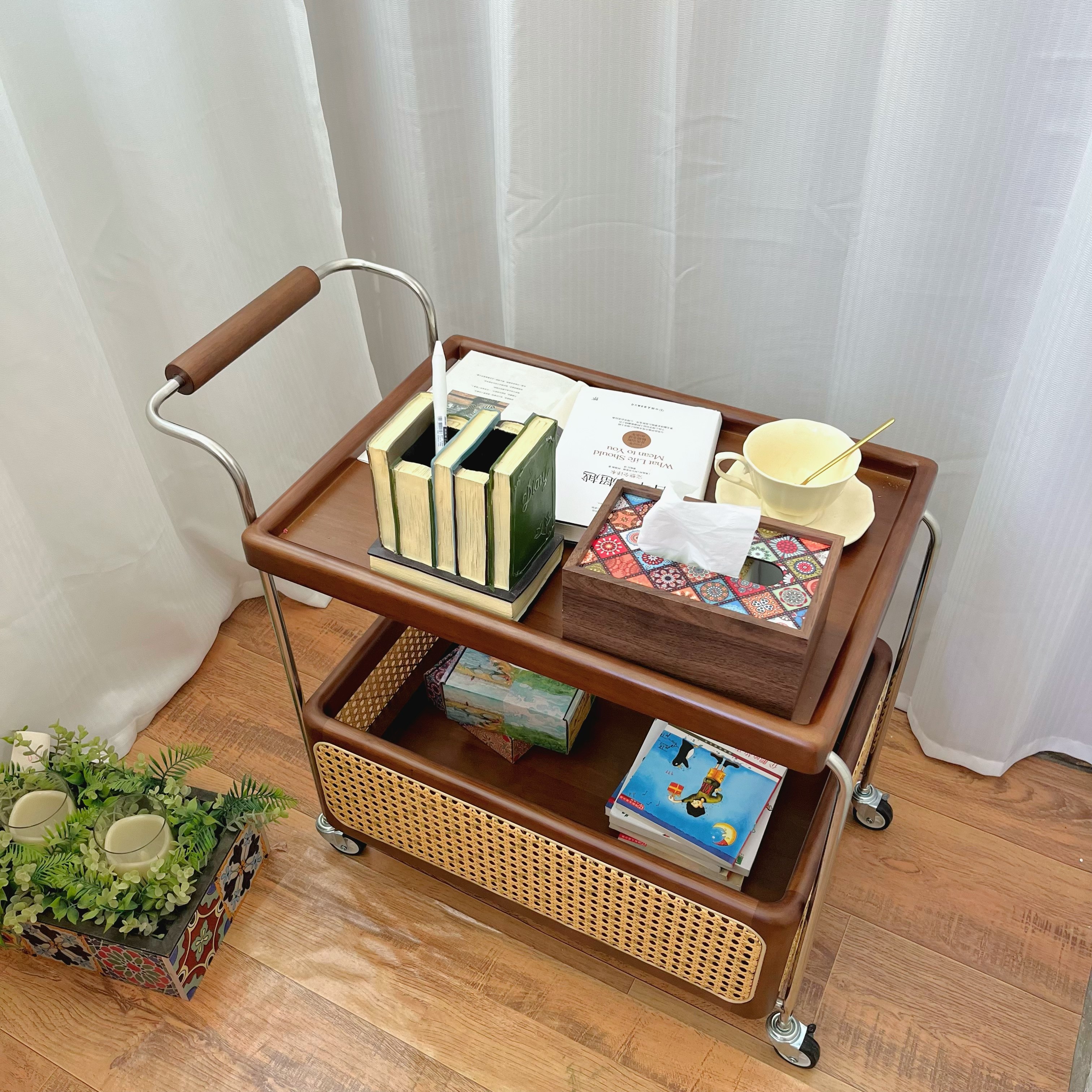 北欧风橡木藤编移动推车 实木把手多功能收纳 橡木边几餐车置物架,住宅家具,移动边几/推车,淘宝优惠券,粉丝福利购,淘宝优惠卷