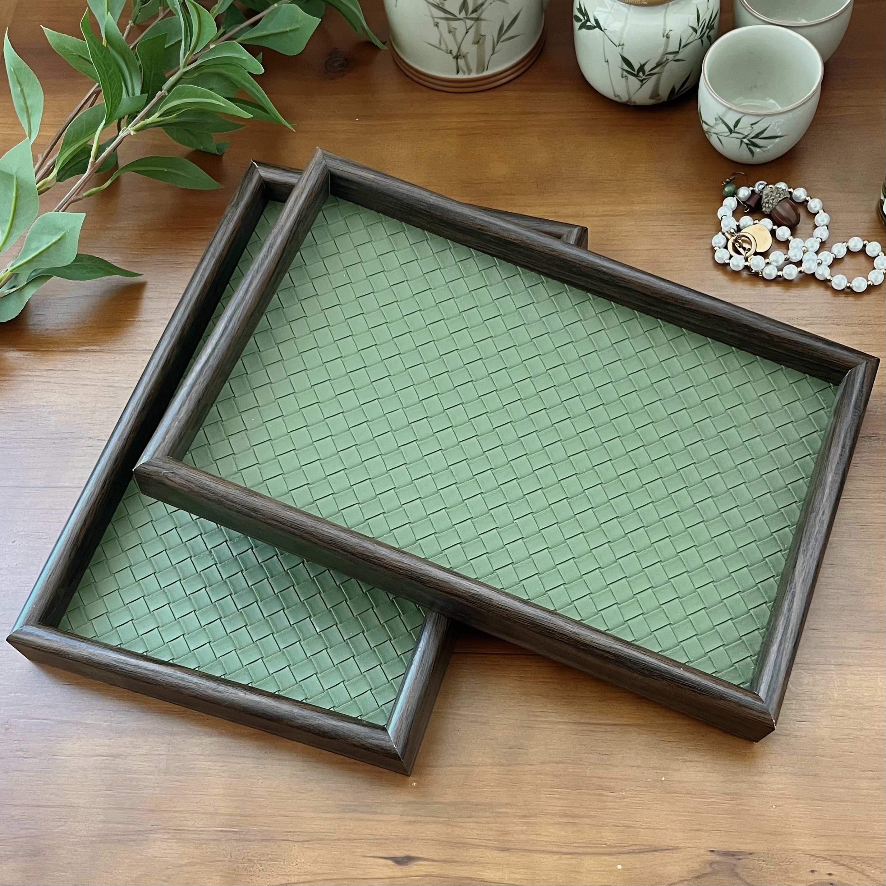 新中式木质托盘一对装 绿色盘面长方形盘茶杯收纳盘,餐饮具,餐用托盘,淘宝优惠券,粉丝福利购,淘宝优惠卷