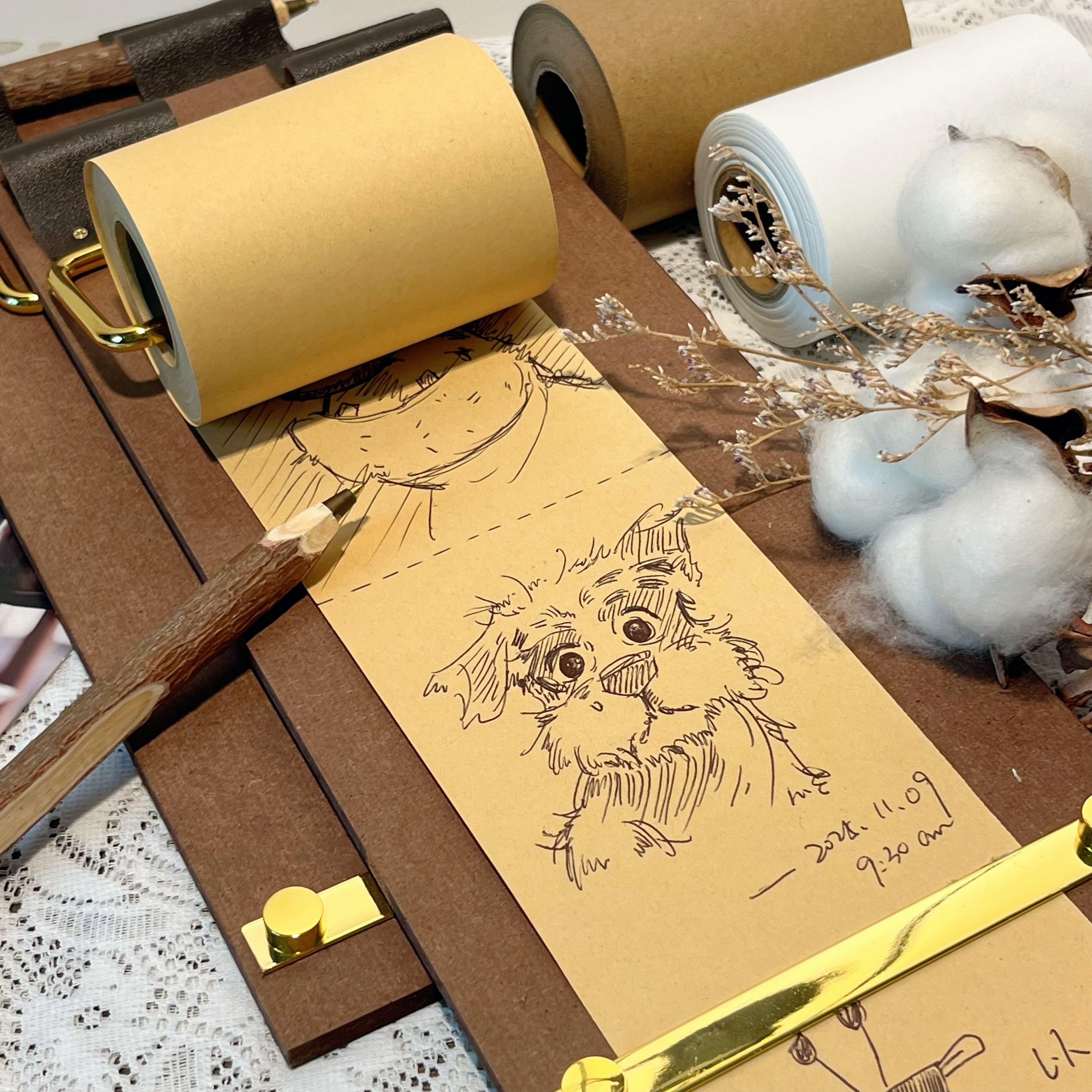 复古手账速写套装 实木笔+皮质金属底板+一个卷纸