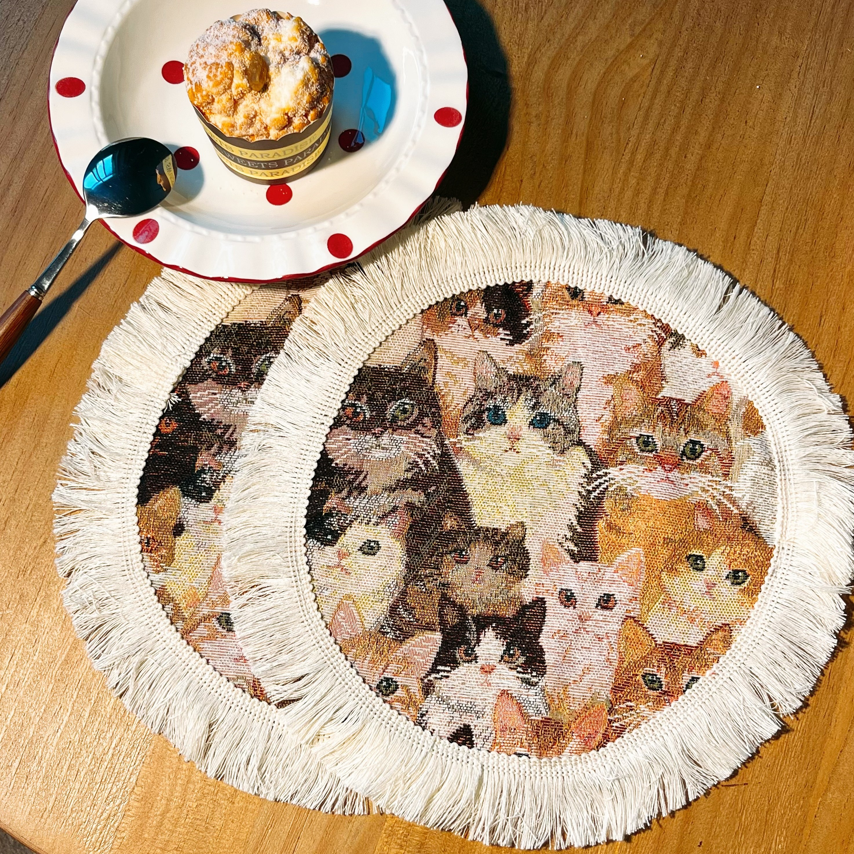 可爱猫咪图案流苏餐垫套装2个装 家用隔热防烫餐桌垫ins防滑餐垫,居家布艺,餐垫,淘宝优惠券,粉丝福利购,淘宝优惠卷