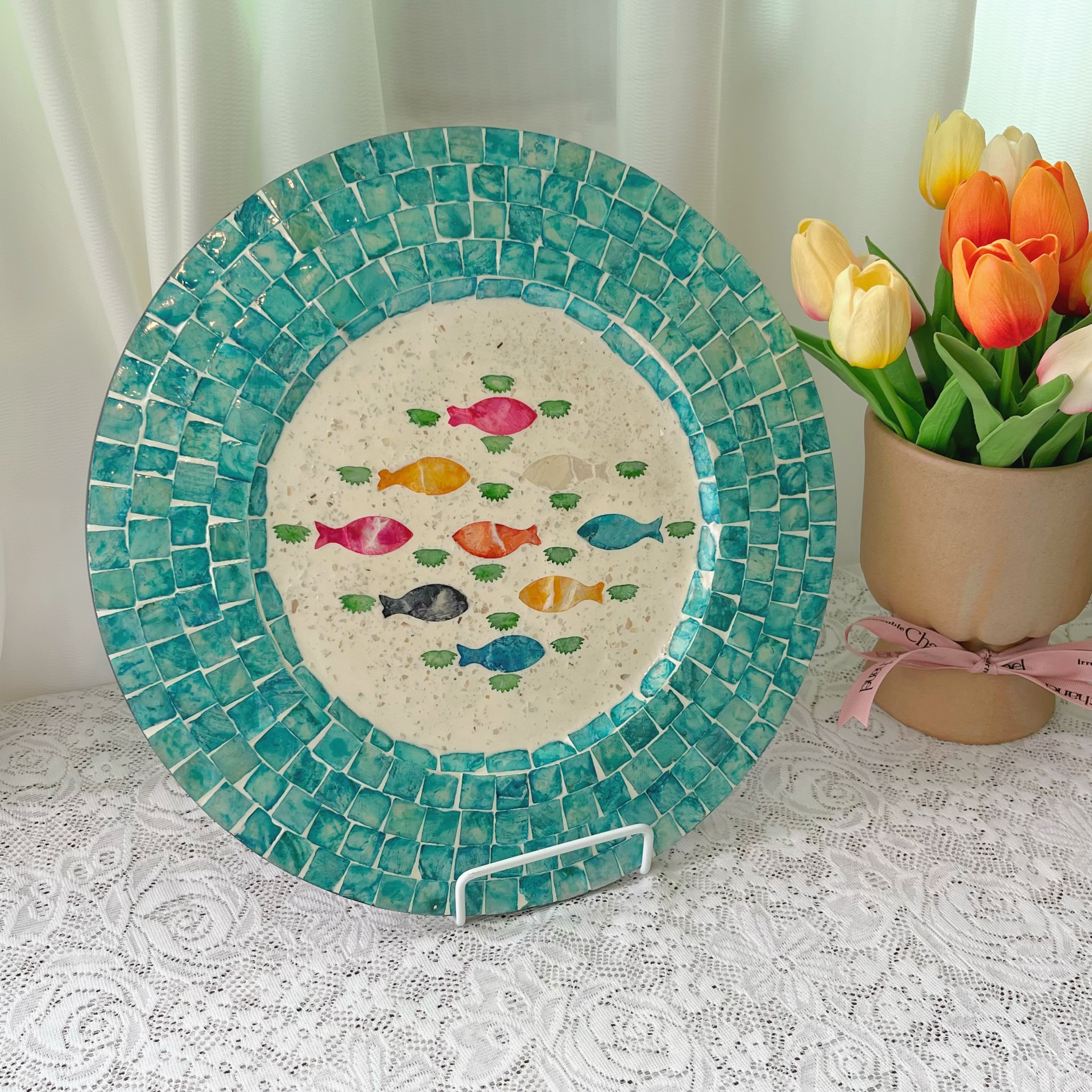 越南手工贝壳马赛克小鱼托盘 带支架 客厅玄关艺术摆盘,家居饰品,装饰坐盘/挂盘,淘宝优惠券,粉丝福利购,淘宝优惠卷