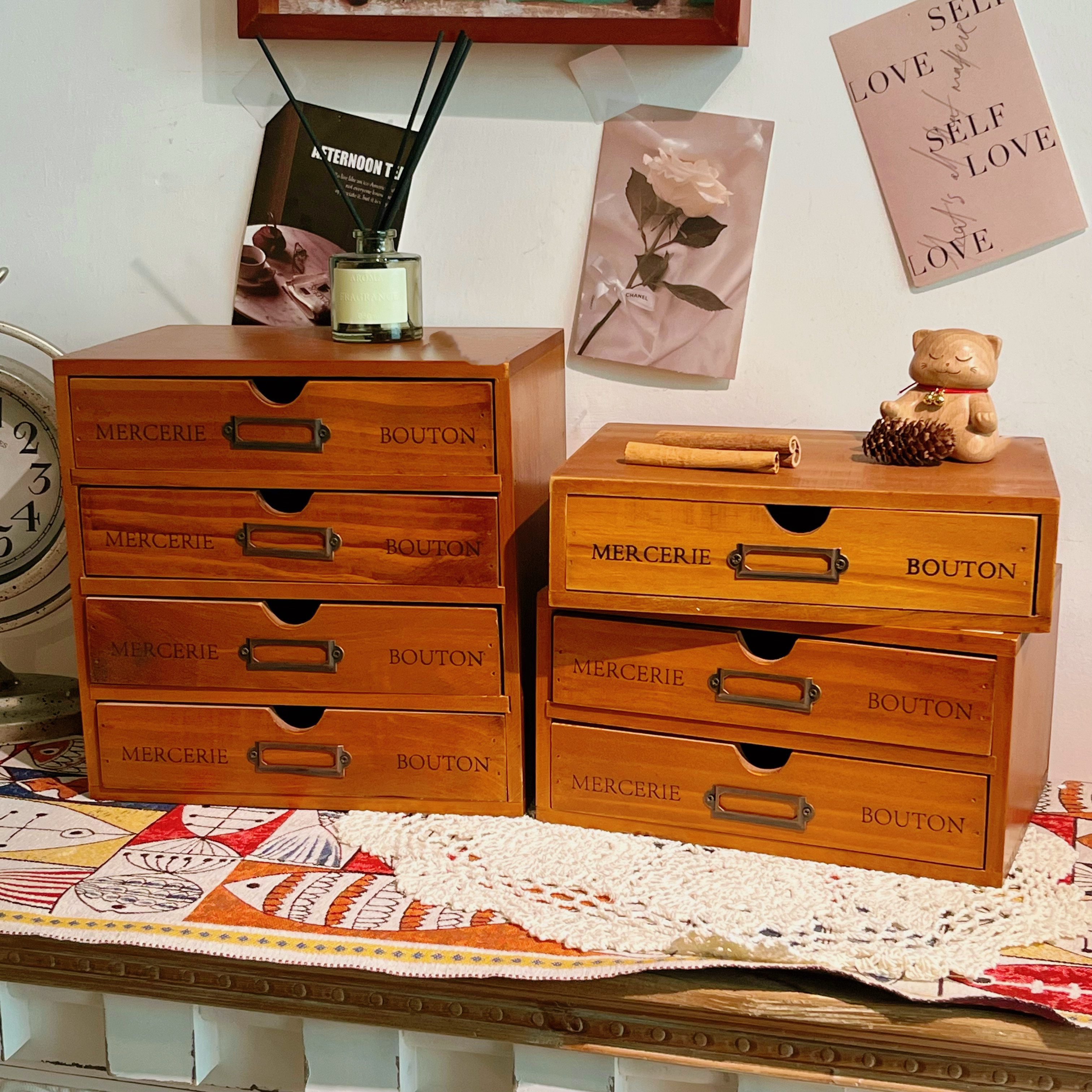 法式复古松木多层抽屉收纳盒 做旧风实木桌面整理柜,收纳整理,桌面收纳盒,淘宝优惠券,粉丝福利购,淘宝优惠卷