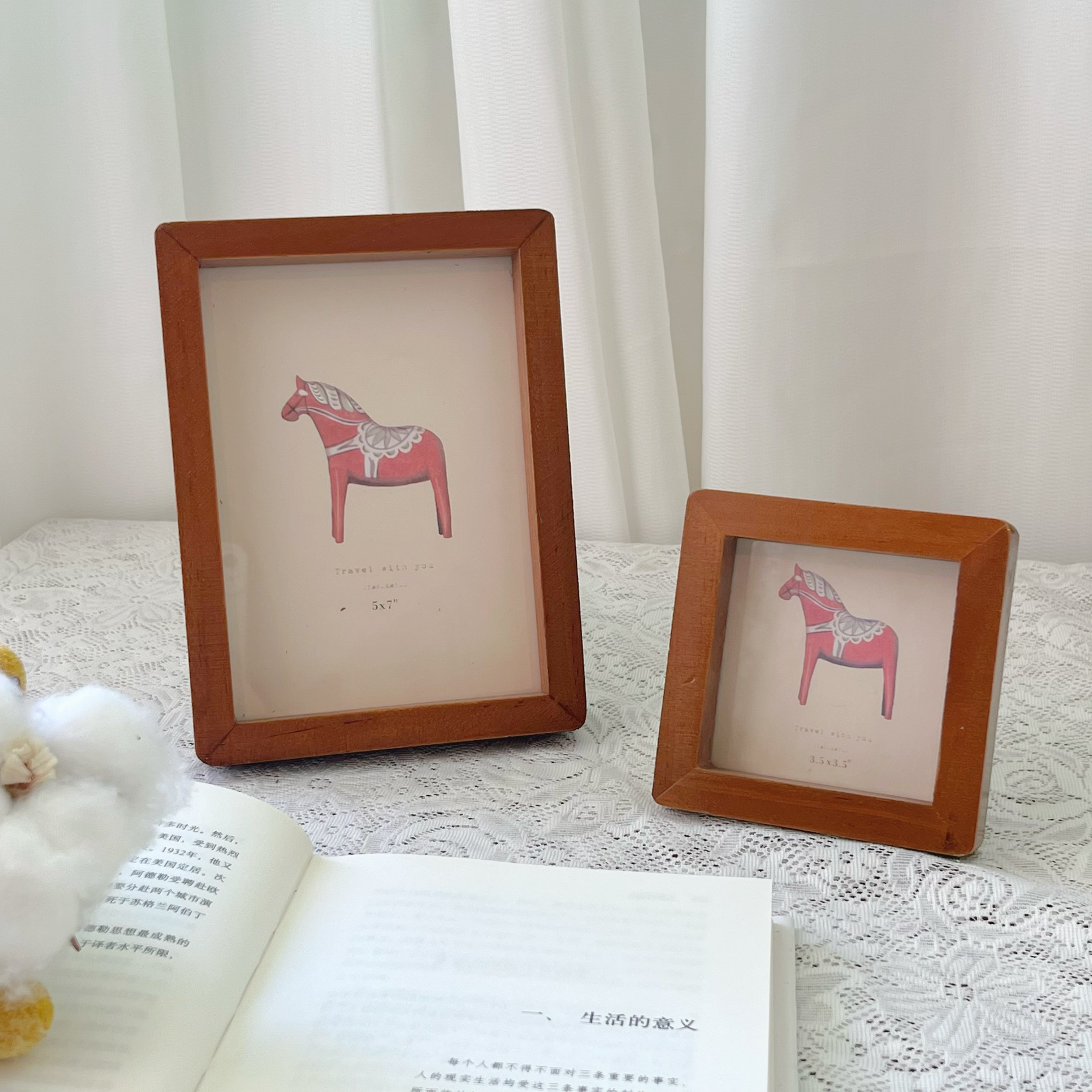 北欧风实木相框组合 复古红木马图案摆台 大小尺寸套装