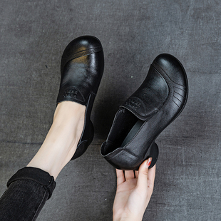 新一脚蹬深口简约气质百搭圆头宽松妈妈鞋 头层牛皮中跟女单鞋 秋季