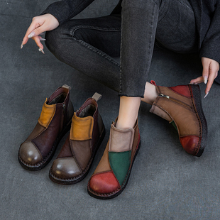 头层牛皮秋冬新款复古拼色马丁靴平跟软厚底民族风加绒保暖女棉鞋