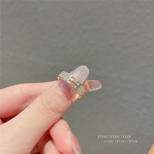 H字母锆石戒指几何型不规则日韩风镀真金指环开口可调节百搭对戒
