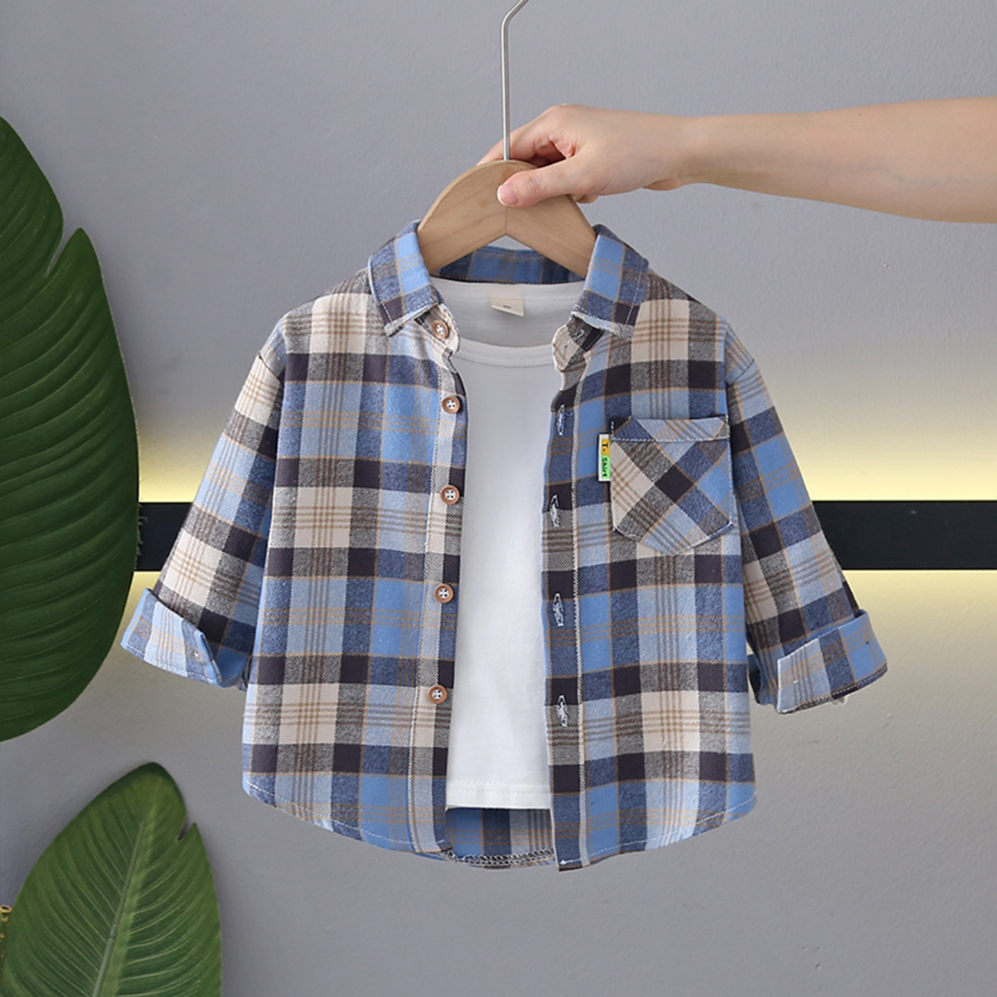 男童春秋款纯棉长袖格子衬衣外套