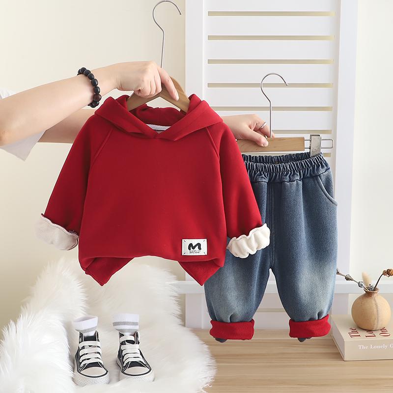 男童女童新款连帽牛角卫衣套装