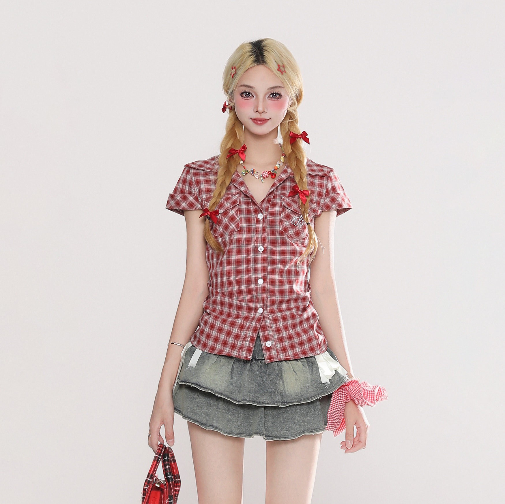thumbnail for Rayohopp vintage plaid red short-sleeved shirt women's summer new slim slimming short top ins trend