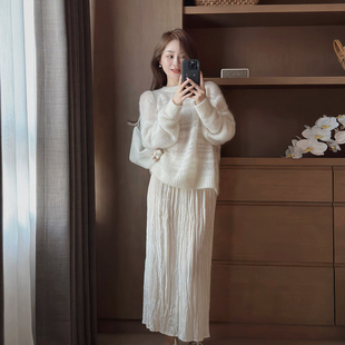 玉质感温柔压褶1oo%真丝丝绒开叉半身裙 雾白清秋 FAN 早秋新品