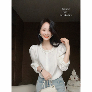 新品 毛边小花边抽身衬衫 来自大自然 法式 上衣 亚麻 FAN