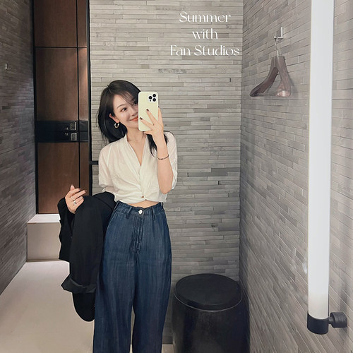 长袖天丝亚麻交叉绑带衬衣防晒