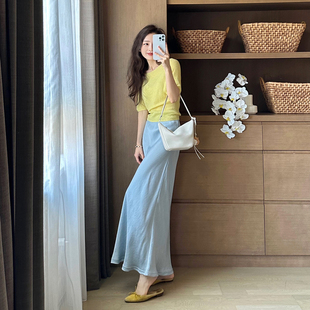 FAN夏 清爽垂坠莱赛尔亚麻小鱼尾重工斜裁半身裙 海盐味 夏天