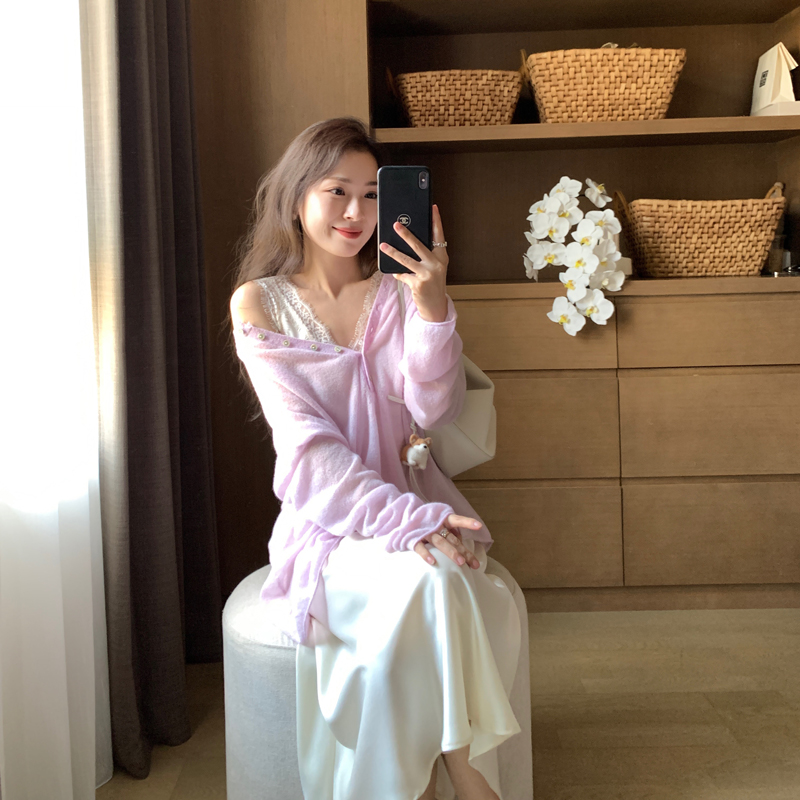 FAN 秋季慵懒软糯美利奴羊毛 温柔浪漫 梦幻柔紫色毛衣上衣开衫