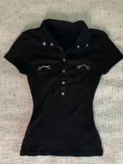 Baoye Girl Original Black Polo Collar Short Sleeve T-Shirt for Women Summer Vintage Style Waist-Slimming Top