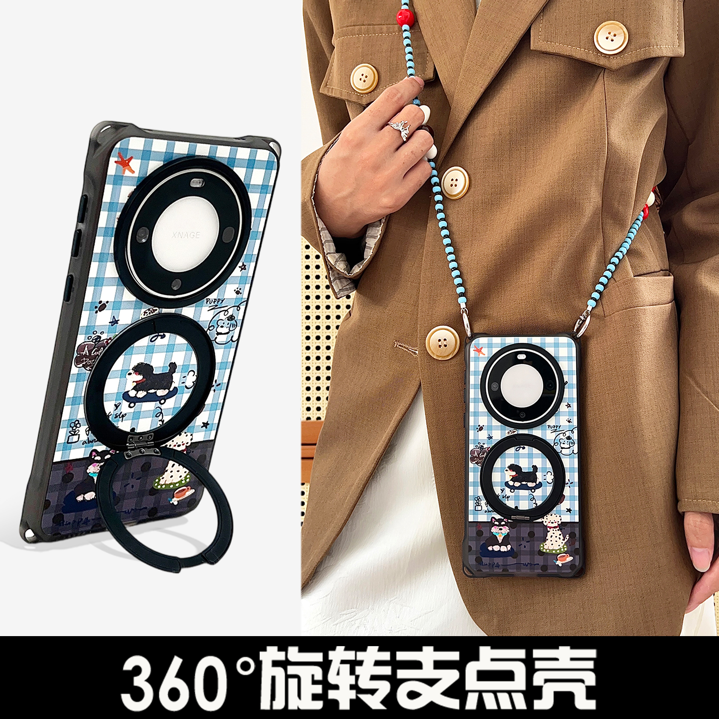 360°旋转支架手机壳带挂绳适用于华为mate60/70背带斜挎苹果17PM防摔支点壳小米15ULTRA滑板狗保护壳PURA80