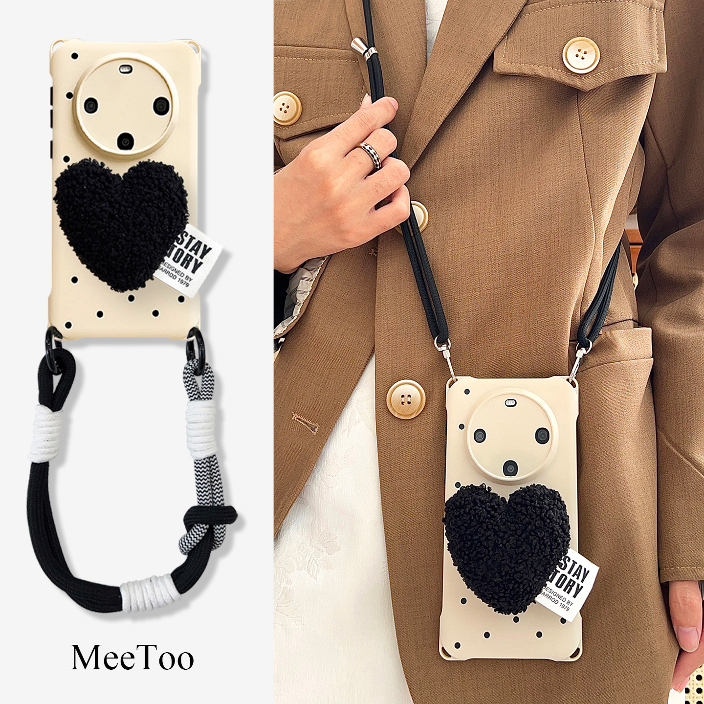 黑色爱心气囊支架手机壳带挂绳适用华为mate70pro背带斜挎苹果17PM防摔软壳VIVOX100ULTRA四角开孔小米手提腕