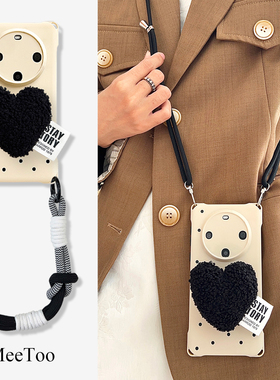 黑色爱心气囊支架手机壳带挂绳适用华为mate70pro背带斜挎苹果17PM防摔软壳VIVOX100ULTRA四角开孔小米手提腕