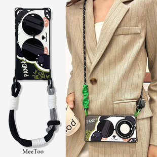 16手提斜挎背带vivox200四角开孔pura80防摔nova12 70iPhone15 墨镜熊猫带挂绳手机壳适用于华为mate60