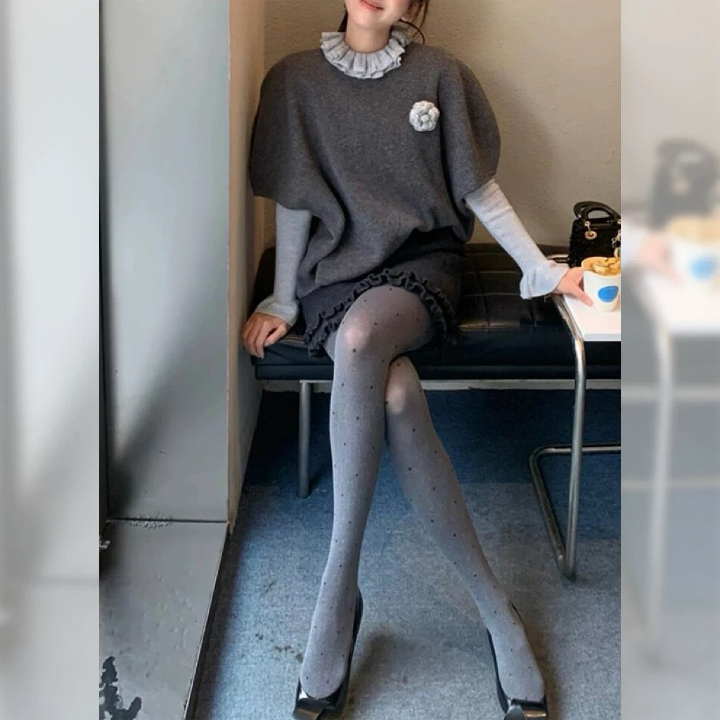 春秋新品波点格雷min系灰色气质打底安哥拉红微压显瘦棉连裤袜裤