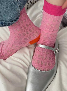 韩国夏季薄款玻璃丝袜子女中筒ins潮镂空圆点网红水晶粉色袜子潮