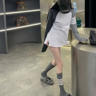 学院风小腿灰色四杠AB款 经典 网红中筒袜子女 神 夏天搭配百褶裙