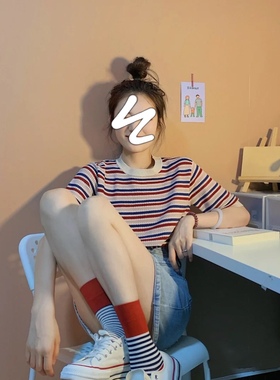 条纹控】bi入百搭袜子女中筒ins潮红色堆堆袜韩国日系长袜春秋款