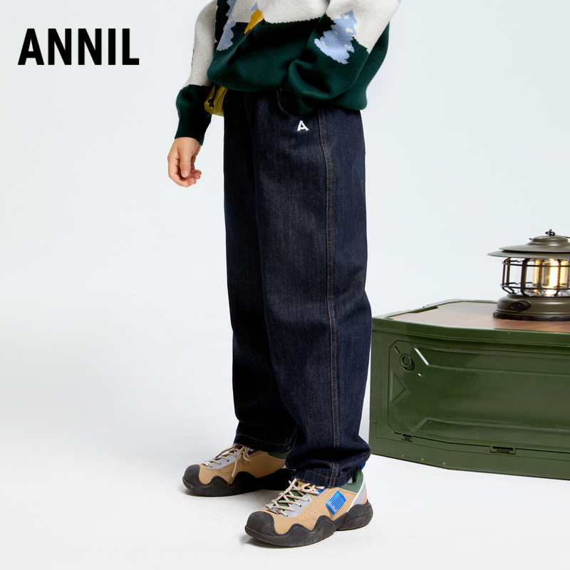安奈儿童装男童全腰牛仔夹裤2025冬季装新款中大童男孩加绒厚裤子