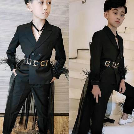 皖君高端T台模特西装走秀演出服模特比赛黑色个性潮流羽毛礼服
