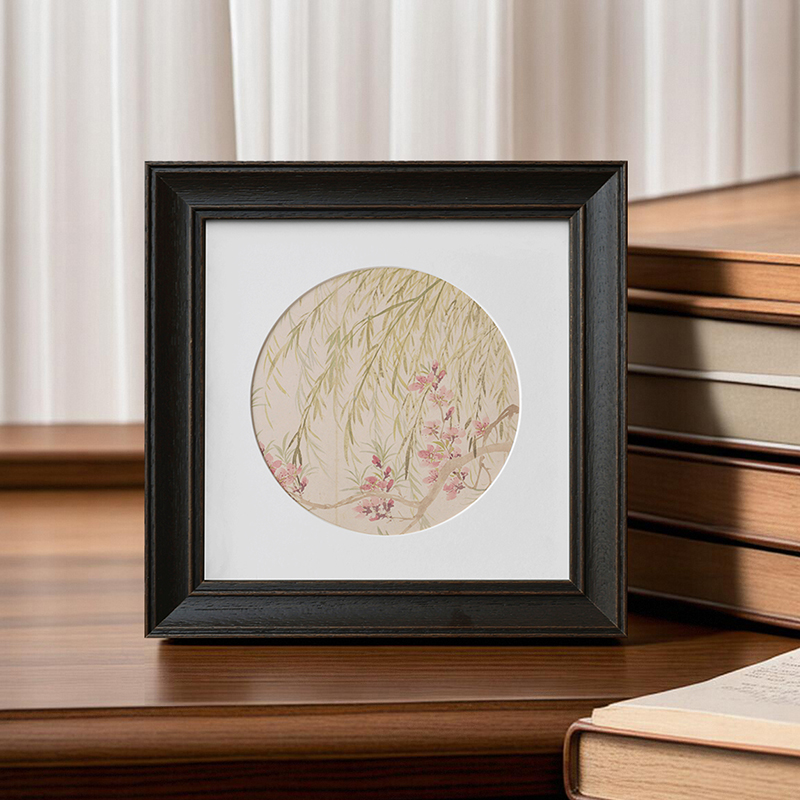 复古黑色中国风画框字画水彩国画胡桃木色圆形海棠花型相框带卡纸