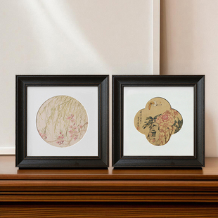 复古黑色中国风画框字画水彩国画胡桃木色圆形海棠花型相框带卡纸