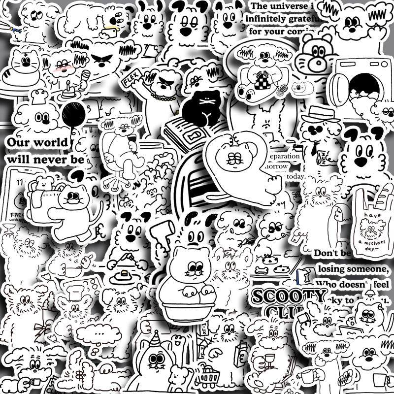 黑白小狗70枚手帐贴纸卡通可爱呆萌简约英文防水贴画手机壳杯贴