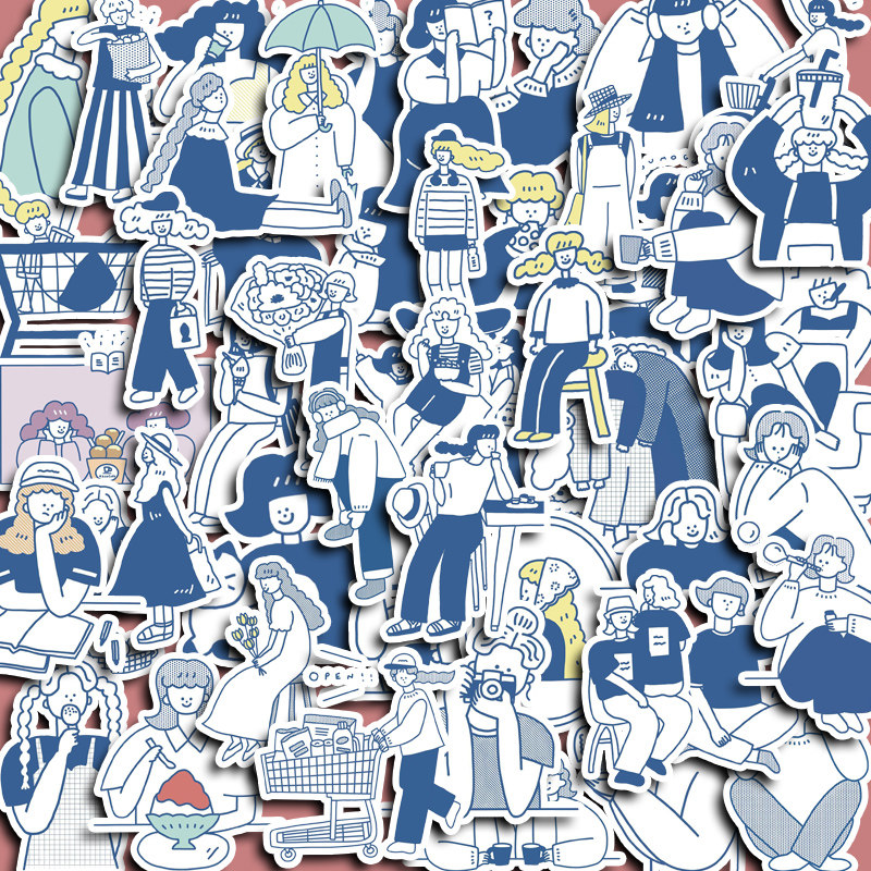 蓝色抽象人物手账贴纸我的小世界50枚手机壳行李箱装饰创意DIY贴