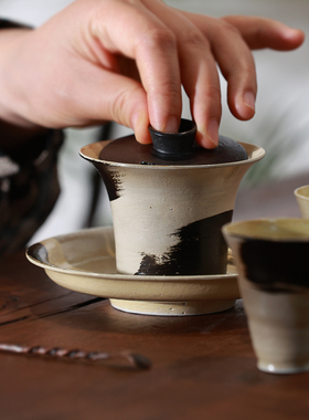 牧渔手工盖碗景德镇化妆土粗陶复古马蹄悬停水墨不烫手功夫茶具